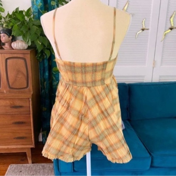 Urban Outfitters | Lorelei Crinkle Cotton Romper Plaid Yellow Orange Green Small - Picture 4 of 4